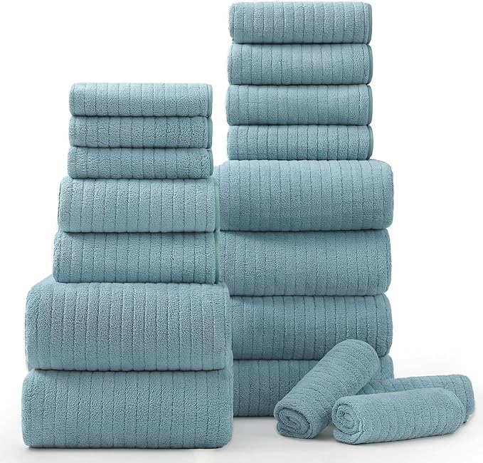 18 Piece Bath Towels Set,Soft Family Bathroom Towel Set with Hanging Loops-6 Bath Towels,6 Hand Towels,6 Washcloths,Highly Absorbent Quick Dry Shower Towel for Bathroom,Hotel,Spa-Turquoise Towel Set