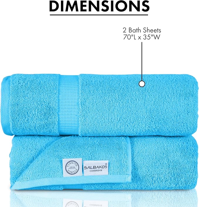 SALBAKOS 100% Turkish Cotton Extra Large Bath Sheet Set of 2 35x70 inch | Heirloom Quality | Hotel & Spa Collection | Soft, Absorbent Oversize Bath Towels | Made in Turkey (Aqua, 2 Bath Sheets)