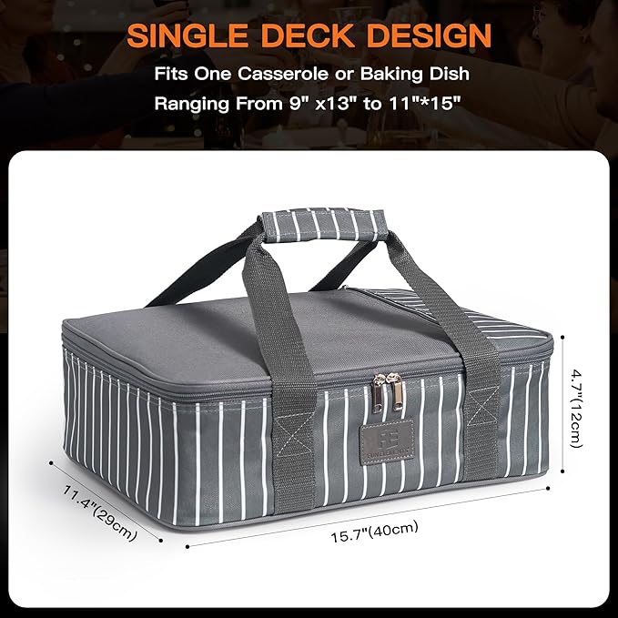 Fun Elements Casserole Carrier for Hot or Cold Food, Insulated Casserole Dish Carrier, Thermal Lasagna Lugger Tote for Potluck Parties/Picnic/Cookouts, Fits 9"×13" Baking Dish, Grey