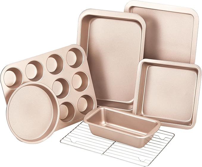 KITESSENSU Baking Pans Sets, Nonstick Bakeware Set 7-Piece with Round/Square Cake Pan, Loaf Pan, Muffin Pan, Cookie Sheet, Roast Pan, Cooling Rack & Silicone Oven Mitts, Carbon Steel Bake Set,Gold
