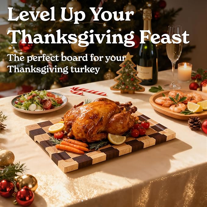 SMIRLY Wood Cutting Boards for Kitchen Wooden Chopping Board Set Reversible with Deep Juice Grooves Grip Handles, Large Charcuterie Tray for Home Kitchen, Rubber Wood, 3Pcs with Holder