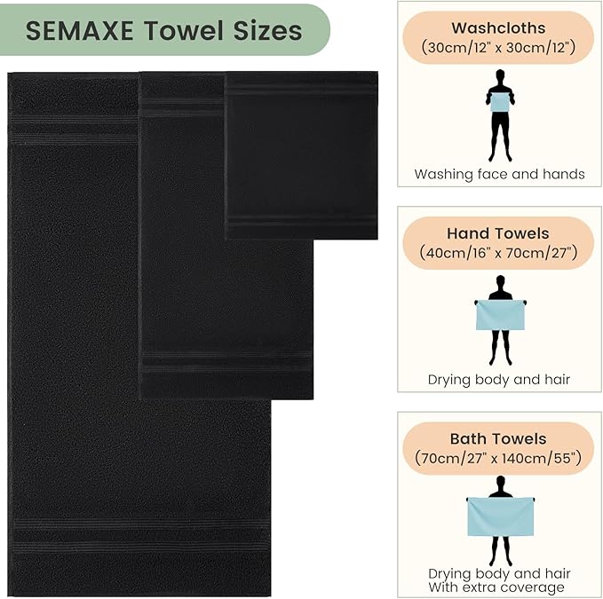 SEMAXE Solid 6-Piece Towel Set, Black, 600GSM 100% Cotton, 2 Each of Bath Towel, Hand Towel, and Washcloths, Gift Box Packaging, Hanging Loop Design