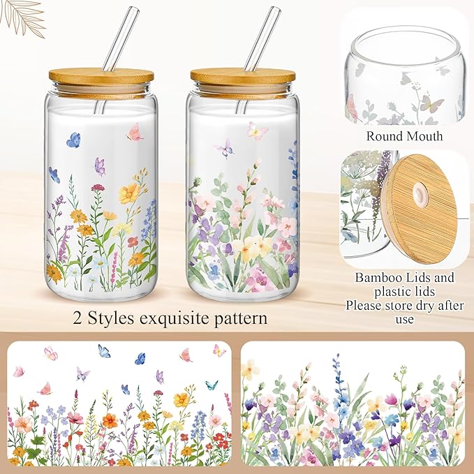 Mumufy Gift for Women Cute Glass Cup Tumbler Flower Iced Coffee Mugs 16 oz Glass with Bamboo Lid & Straw, Mothers Day Birthday Gift for Mom Sister Bridesmaid Baby Shower(2 Pack,Wild Flower1)