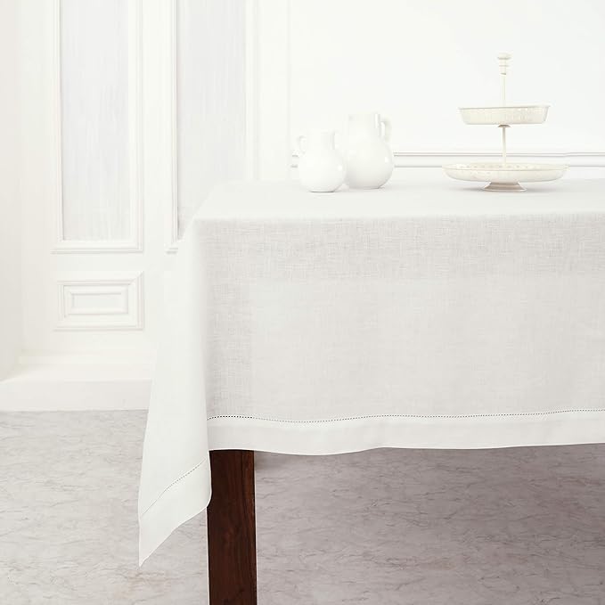 Solino Home Linen Tablecloth for Rectangle Tables 60 x 102 Inch - Classic Hemstitch 100% Pure Linen White Table Cloth - Machine Washable Cloth Tablecloth for Winter, Holiday, Valentines, New Year