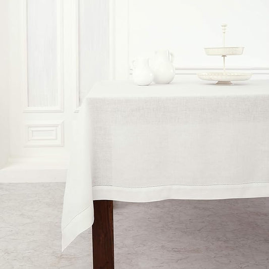 Solino Home Linen Tablecloth for Rectangle Tables 60 x 102 Inch - Classic Hemstitch 100% Pure Linen White Table Cloth - Machine Washable Cloth Tablecloth for Winter, Holiday, Valentines, New Year