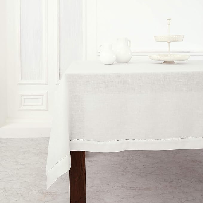 Solino Home White Linen Tablecloth 60 x 120 Inch - 100% Pure Linen Hemstitch Table Cloth for Rectangle Tables - Classic Hemstitch, Machine Washable Tablecloth for Winter, Valentines, New Year
