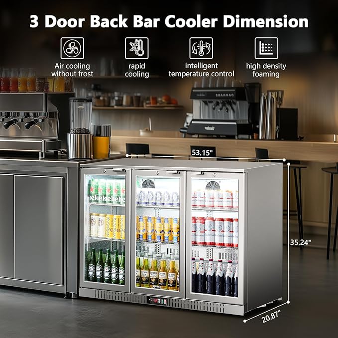 BODEGA BODEGACOOLER Back Bar Cooler With 3 Glass Doors,11.4 Cu.Ft Stainless Steel Commercial Back Bar Fridge with LED Lighting, Counter Height Bar Beverage Cooler for Beer,Soda Drinks,Wine
