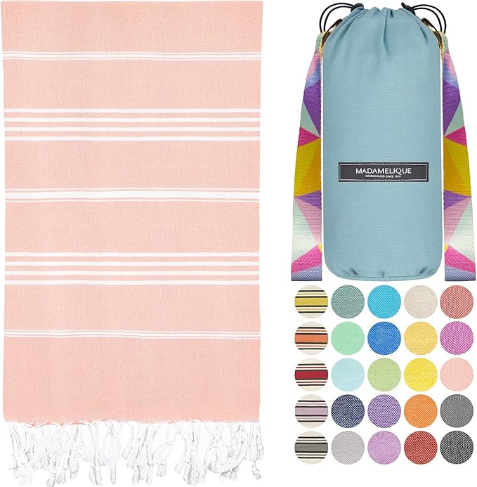 Madamelique Turkish Beach Towel with Beach Bag - 39 x 74 - Prewashed Beach Towels Oversized -%100Cotton - Quick Dry - Sand Free - Hand Loomed Turkish Bath Towels - Unique Absorbent Towel (Blush)