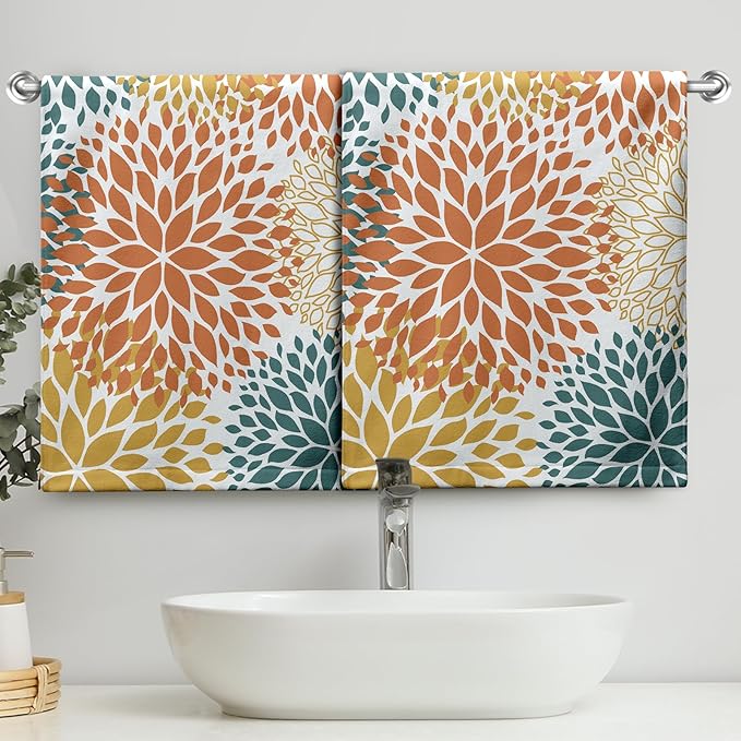 Dahlia Floral Hand Towel Set of 2 Orange and Yellow Teal Flower Kitchen Dish Towels Green Tea Towel Soft Washcloths Towel Set for Bathroom Gym Hotel Spa 28.3 x 14.4 Inch