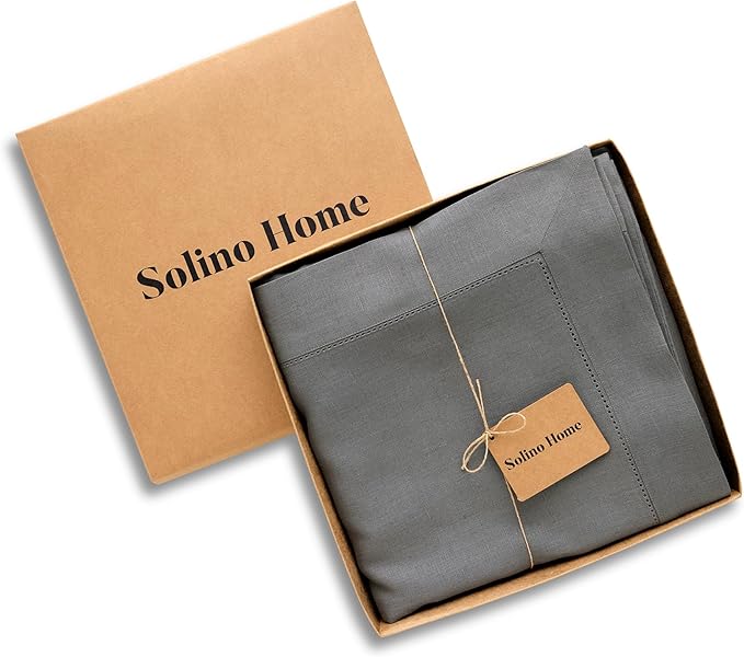 Solino Home Linen Tablecloth 60 x 108 Inch - Classic Hemstitch 100% Pure Linen Steel Gray Table Cloth for Rectangle Tables - Machine Washable Tablecloth