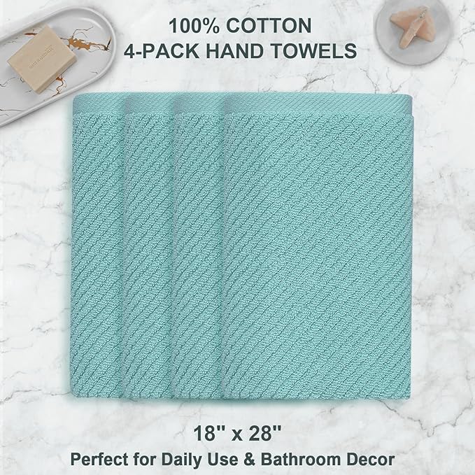Teal Hand Towels for Bathroom, Bathroom Hand Towels Set of 4, Large 18" x 28" - Quick Dry | Lightweight | Soft | 100% Cotton | Absorbent, Thick Fluffy Towel Set for Showering, Aqua Towel Gift Set