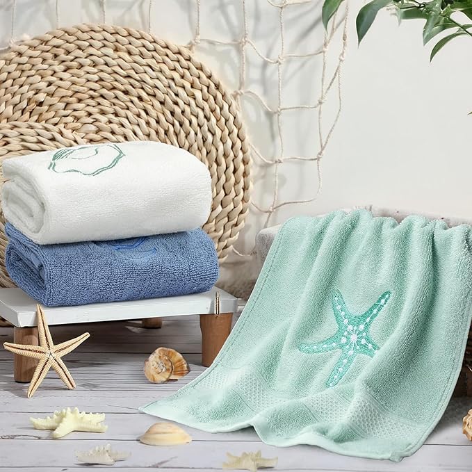 3 Pack Beach Hand Towels for Bathroom, 100% Cotton Soft Coastal Bathroom Towels Ocean Beach Kitchen Decor 13.5 x 29.5 Inch for Kitchen Summer Decoration
