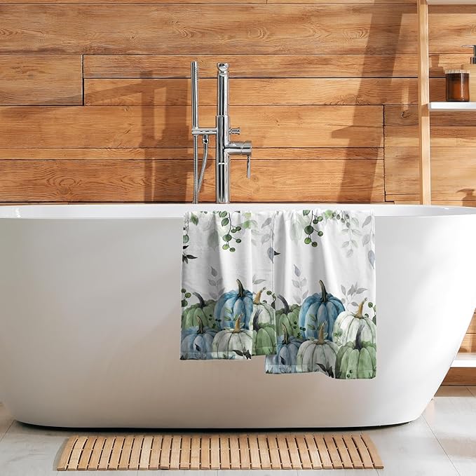 Imiss Autumn Leaves Hand Towels 14.4 x 28.3 Inch Set of 2 Blue Pumpkin Fall Thanksgiving Bathroom Towel Soft Absorbent Tea Towel Drying Baking Towels for Kitchen Hotel Spa Gym