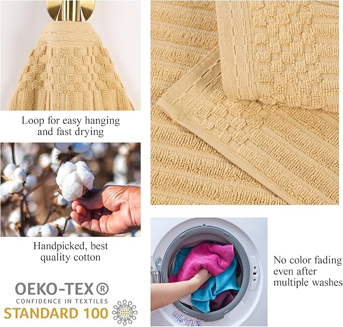 Superior Cotton Hand Towel Set of 4, Daily Use for Bathroom, Kitchen, Guest Bath, Quick Dry Small Towels, Face, Hand, Gym, Spa, Hotel, Absorbent, Essentials, Ribbed, Soho Collection, Gold