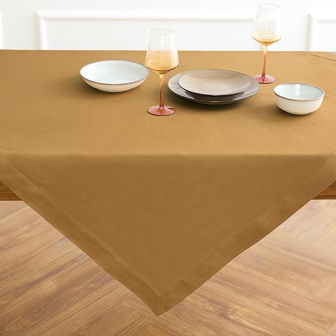 Solino Home Linen Tablecloth 52 x 52 Inch - 100% Pure Linen Caramel Square Tablecloth - Fete, Machine Washable Table Throw