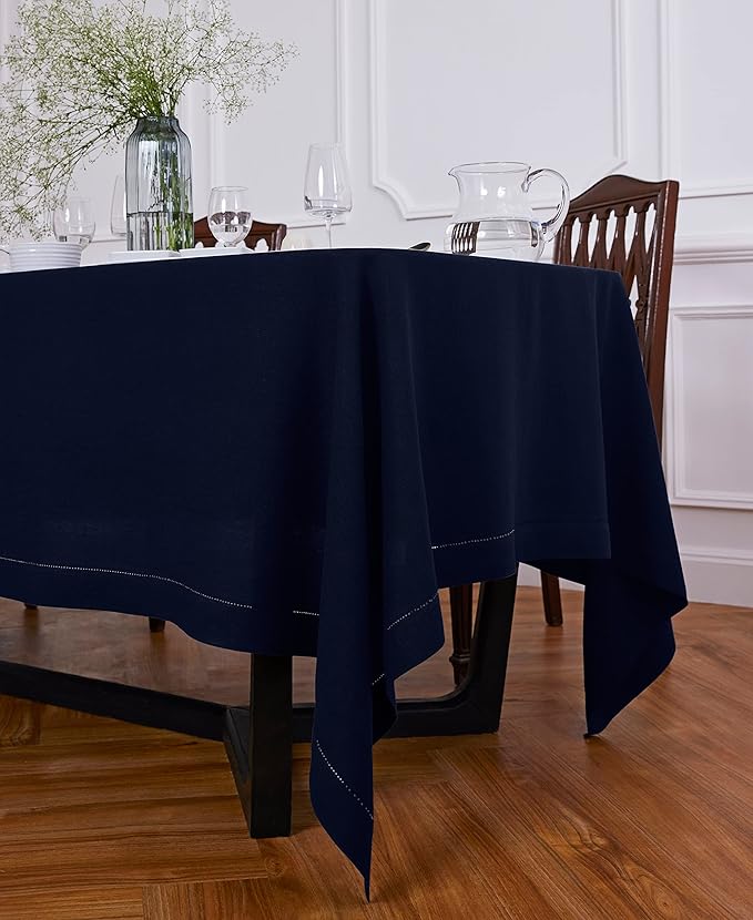 Solino Home Linen Tablecloth 70 x 108 Inch - Sonoma Hemstitch 100% Pure Linen Indigo Navy Table Cloth for Rectangle Tables - Machine Washable Tablecloth for Winter