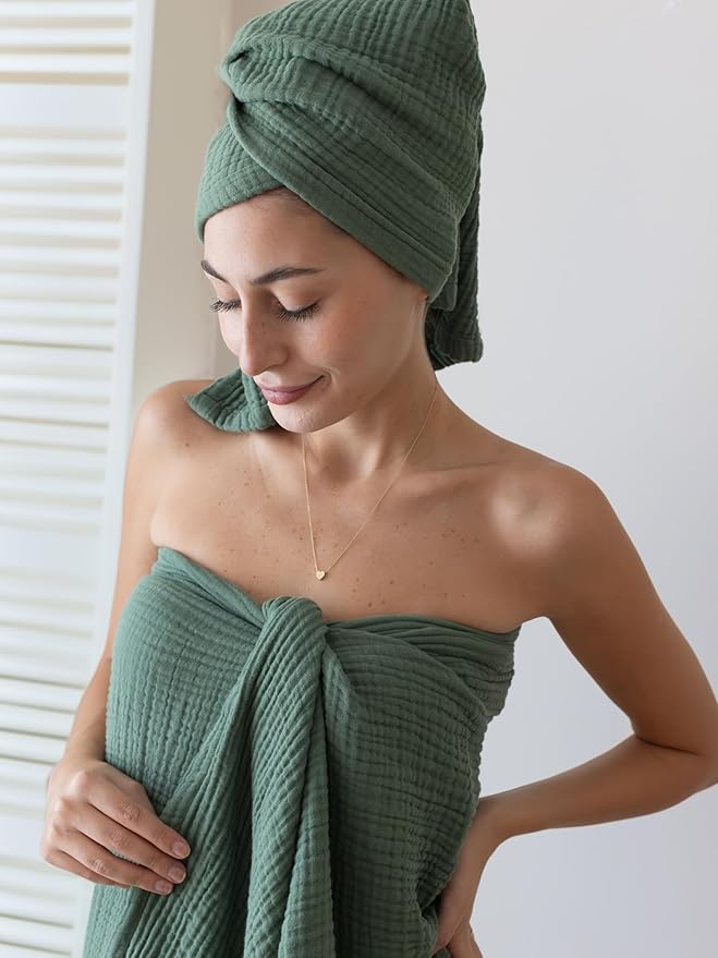 4 Pieces Muslin Towel Set for Bathroom, Luxury 100% Turkish Cotton Thin Soft Quick-Dry Lint-Free Large Size Bath Hand Towel Sets (Green, 2 Bath & 2 Hand Towel Set)