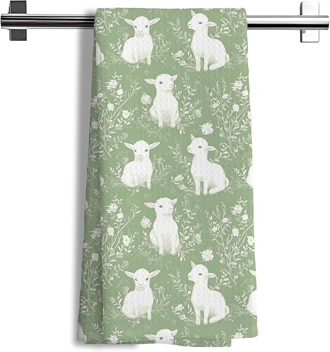Sage Green Chinoiserie Lambs Kitchen Towels Decor,Floral Sheep Decorative Dish Tea Towels,Sage Green Grandmillennial Botanical Animal Hand Towels for Bathroom,16x24 Inch