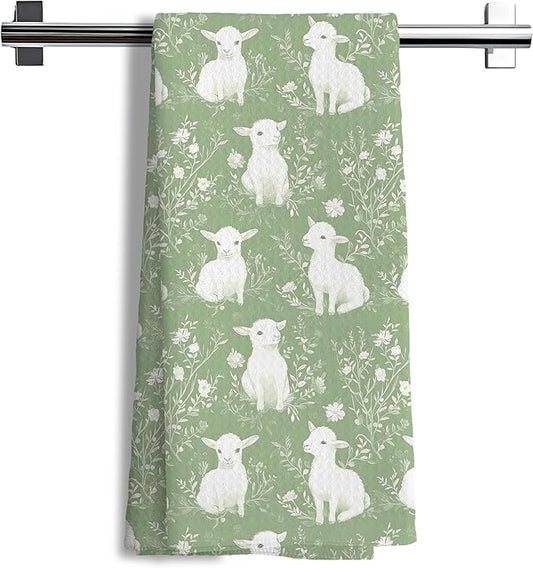 Sage Green Chinoiserie Lambs Kitchen Towels Decor,Floral Sheep Decorative Dish Tea Towels,Sage Green Grandmillennial Botanical Animal Hand Towels for Bathroom,16x24 Inch