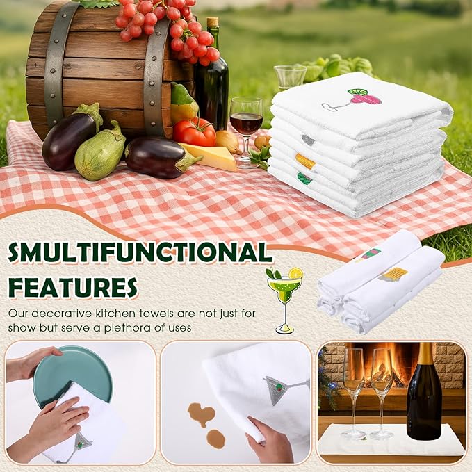 4 Pack Cocktail Drink Themed Towels Cotton Embroidered Hand Towels Gifts 29.5'' x 13.8'' Soft Absorbent Kitchen Bar Dish Cloths Bathroom Decorative Bachelorette Housewarming Party Supplies