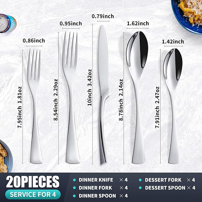 20 Pieces Silverware Set Service for 4,Modern 18/10 Stainless Steel Flatware Cutlery Set,Utensil Set for Home Restaurant Hotel,Mirror Polished,Dishwasher Safe