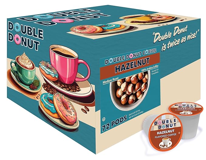 Double Donut Coffee Hazelnut Flavored Coffee Pods, Medium Roast Coffee, Compatible with Keurig K Cups Brewers, 72 Count (Pack of 1)