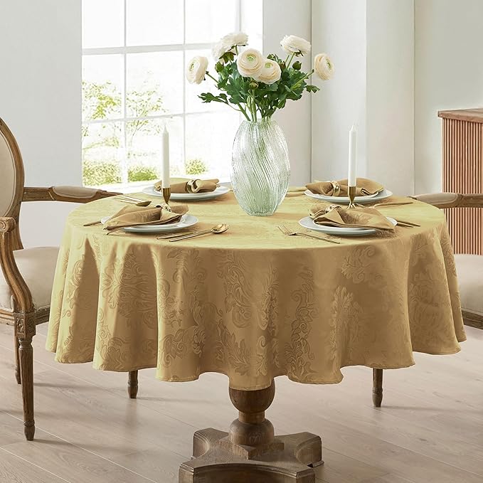Newbridge Christmas Barcelona Damask Fabric Tablecloth, 70 Inch Round, Gold – No Iron, Soil Resistant Table Cover for Dining, Parties and Holidays