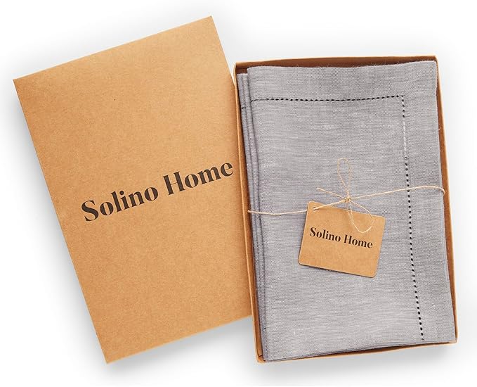 Solino Home Oyster Grey Linen Napkins Set of 4-100% Pure Linen Hemstitch Dinner Napkins 20 x 20 Inch for Holiday, New Year - Milan