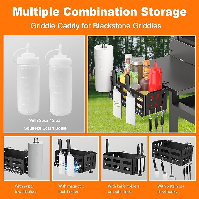 Griddle Caddy for Blackstone Griddles 28"/36"/Prep Cart, Blackstone Caddy with Squeeze Bottle, Blackstone Griddle Accessories Space Saver, BBQ Grill Storage Organizer with Magnetic Tool Holder