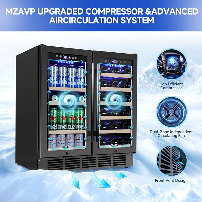 30 Inch Wine and Beverage Refrigerator, Dual Zone Wine Fridge 30", Beverage Cooler Under Counter or Freestanding 30" Wine Beer Fridge with Upgraded Cooling, Holds 30 Bottles and 110 Cans, Black