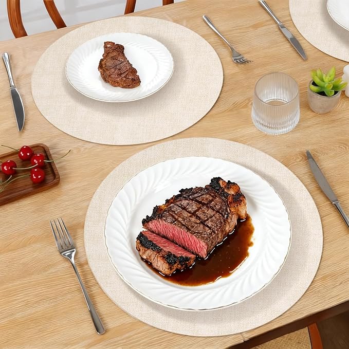 Maxpearl Round Placemats Set of 6, 13.8 inch Faux Leather Heat Resistant Table Mats, Non Slip Waterproof Wipeable Place Mats for Kitchen Dining Holiday Party Table Settings, Beige