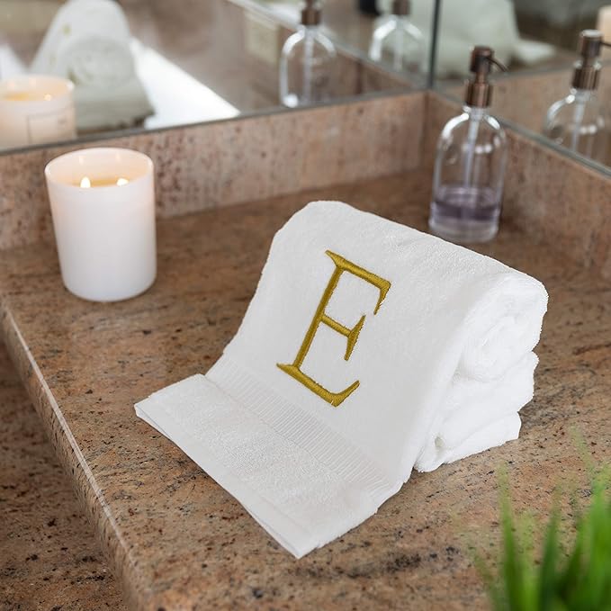 Monogrammed Hand Towels for Bathroom - Luxury Hotel Quality Personalized Initial Decorative Embroidered Bath Towel for Powder Room, Spa - GOTS Organic Certified - Set of 2 Gold Letter E