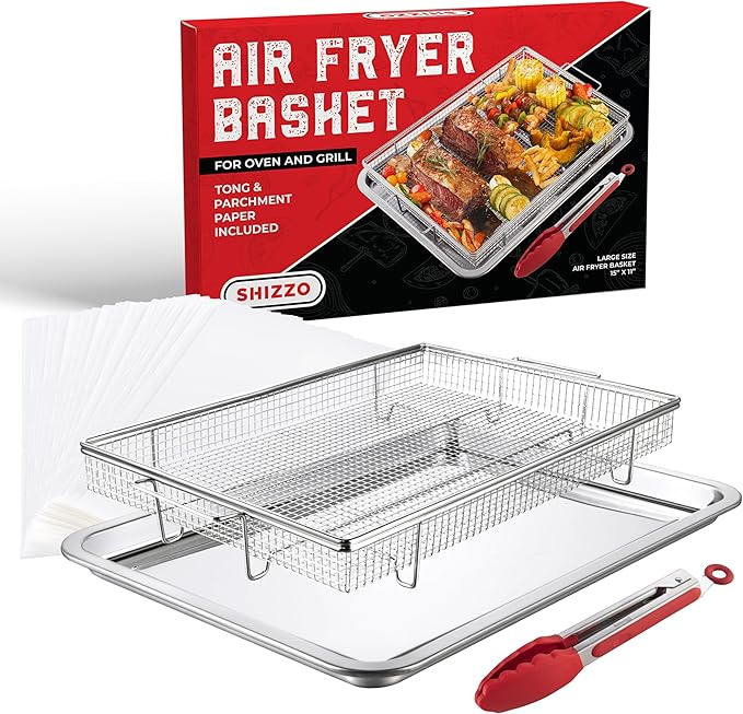 Shizzo Air Fryer Basket for Oven– Large Stainless Steel Air Fryer Tray and Pan Set with 50 Parchment Papers & Food Tongs – Oven Air Fryer Basket for Baking, Grilling, Crisping - Kitchen Gift For Mom