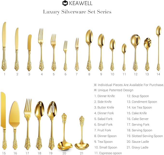 KEAWELL Gorgeous Wedding Cake Knife and Server Set, 18/10 Stainless Steel, Fine Luxury Cake Cutting Set (Gold)