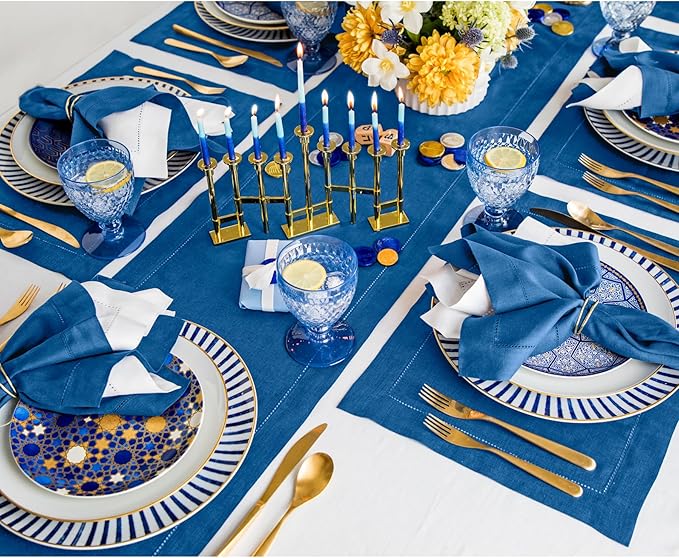 Solino Home Linen Indigo Blue Table Runner 156 Inches Long - 100% Pure Linen Extra Long Table Runner 14 x 156 Inch for Winter - Classic Hemstitch