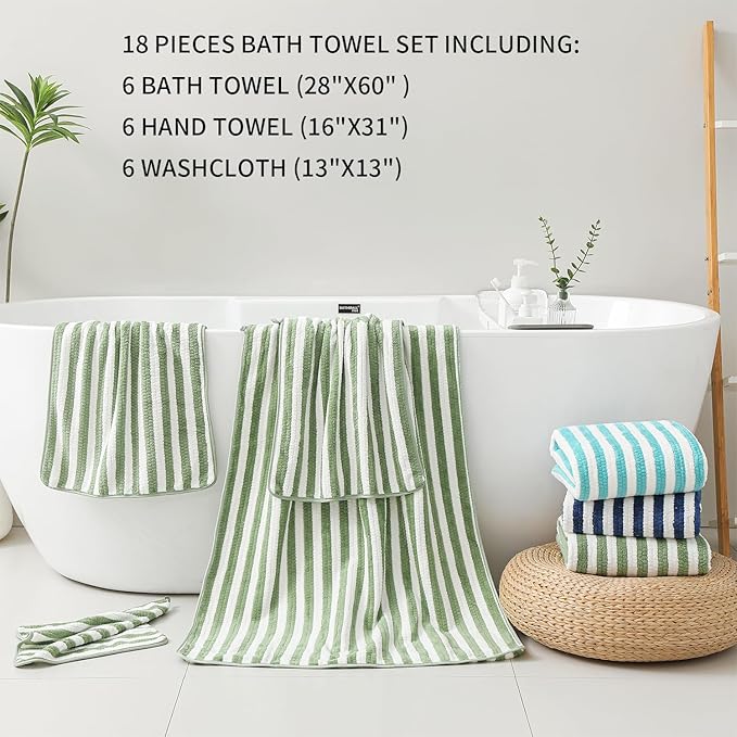 18-Piece Microfiber Bath Towels Set - 6 Bath Sheet, 6 Hand Towels, 6 Washcloths, Soft, Highly Absorbent Bathroom Towel, Quick Dry & Less Lint Shower towel for Bathroom, Hotel, Spa, Dorm-Light Green