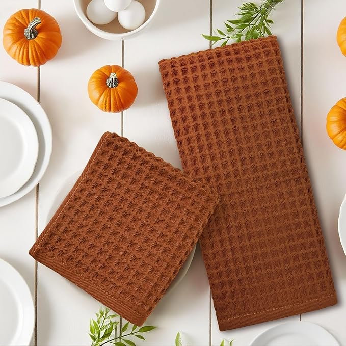 Jacquotha Waffle Hand Towels for Bathroom Kitchen Decor 2-Piece (Rust) – Cotton Quick Dry, Super Soft, Absorbent Kitchen Towels, 13x29”