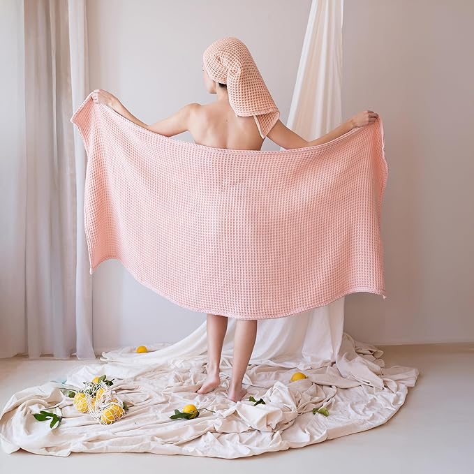 Premium Waffle Bath Towels Pack of 2 Extra Large 35x71 inch - 100% Turkish Cotton, Waffle Weave, Quick Dry, Lint Free, Oversized, Thin Bath Sheet Towel (Light Pink, Set of 2 Bath Towels)