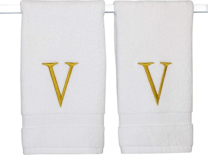 Monogrammed Hand Towels for Bathroom - Luxury Hotel Quality Personalized Initial Decorative Embroidered Bath Towel for Powder Room, Spa - GOTS Organic Certified - Set of 2 Gold Letter V