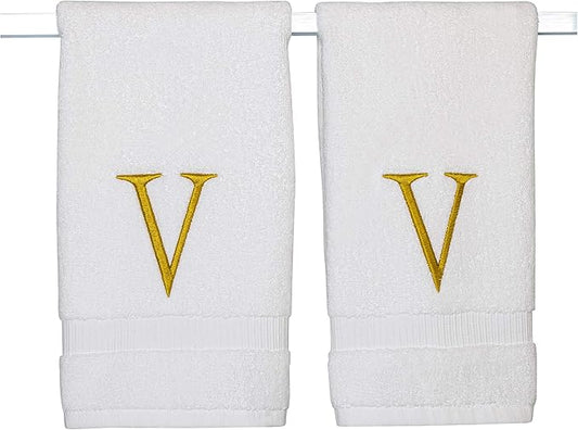 Monogrammed Hand Towels for Bathroom - Luxury Hotel Quality Personalized Initial Decorative Embroidered Bath Towel for Powder Room, Spa - GOTS Organic Certified - Set of 2 Gold Letter V