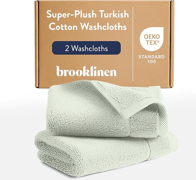 Brooklinen Super-Plush Turkish Cotton Washcloths - Set of 2 - Cotton, 820 GSM, Highly Absorbent, Machine Washable, Perfect for Home & Bathroom (13" x 13", Aloe Green)