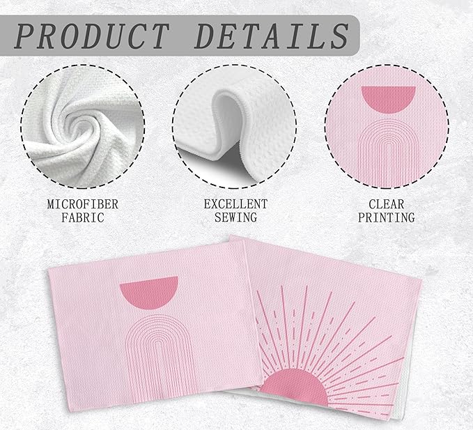 Pink Preppy Sun Moon Rainbow Kitchen Towels and Dishcloths Sets of 2, Bohemian Sunrise Hand Towels, Abstract Arch Line Drying Cloth Hand Towels for Girls Bathroom Kitchen Decor, 16×24 Inches