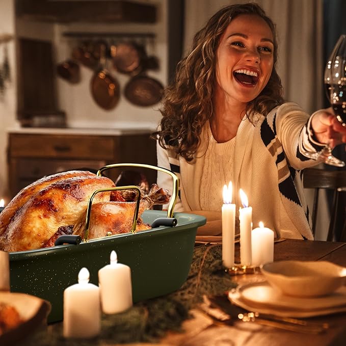 Nonstick Roasting Pan, 17 Inch x 13 Inch Large Roaster Pan with Removable Rack, Roaster for Roasting Turkey, Meat & Vegetables (Green）