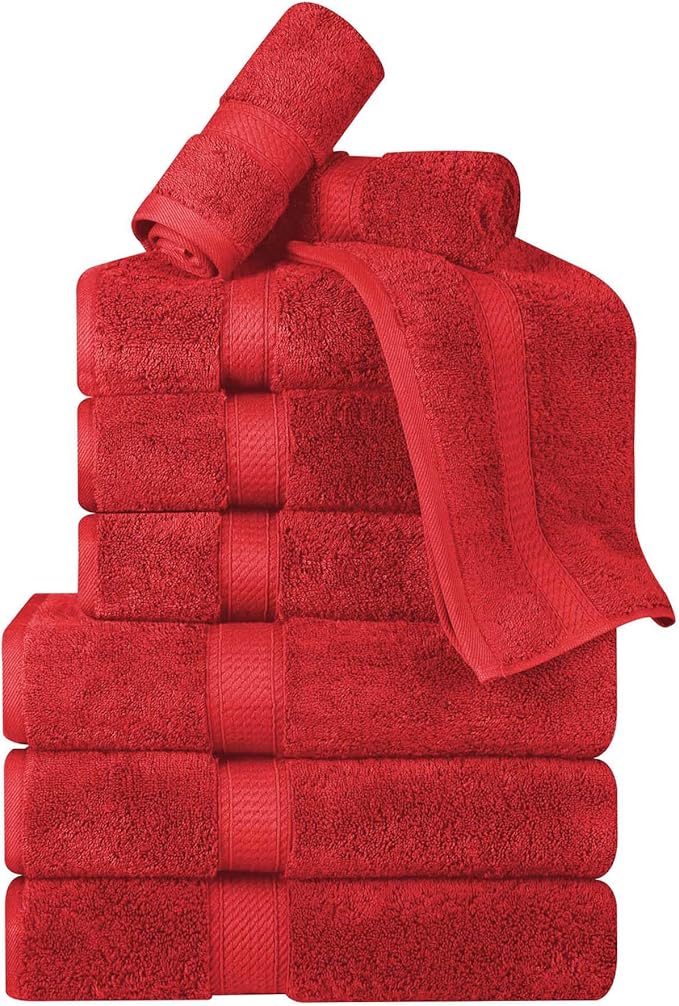 Superior Egyptian Cotton Pile 9 Piece Towel Set, Includes 3 Bath, 3 Hand, 3 Face Towels/Washcloths, Ultra Soft Luxury Towels, Thick Plush Essentials, Guest Bath, Spa, Hotel Bathroom, Red