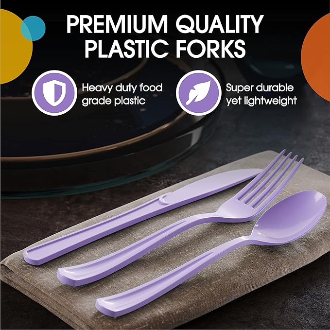 Party Solids Lavender Plastic Forks 200 Pieces Lavender Forks Disposable Utensils Heavy Duty Plastic Cutlery Set Disposable Cutlery Sets Flatware Sets Silverware Set Party Supplies & Party Tableware