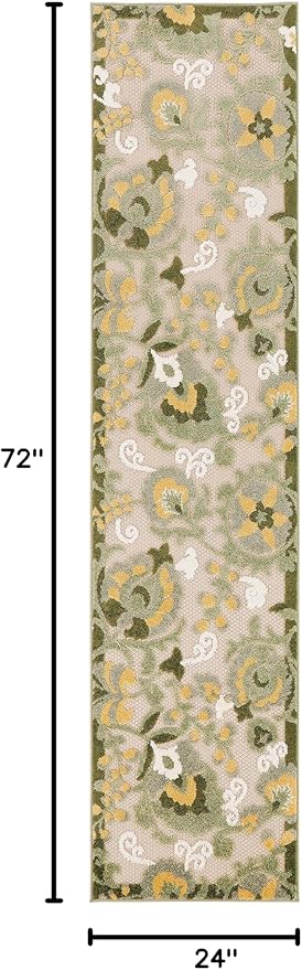 Nourison Home Aloha Ivory Green 2' x 6' Area Rug - Easy Clean, Non Shedding, Bed Room, Living Room, Dining Room, Kitchen (6' Runner)