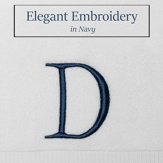 Monogrammed Hand Towels for Bathroom - Luxury Hotel Quality Personalized Initial Decorative Embroidered Bath Towel for Powder Room, Spa - GOTS Organic Certified - Set of 2 Navy Letter D