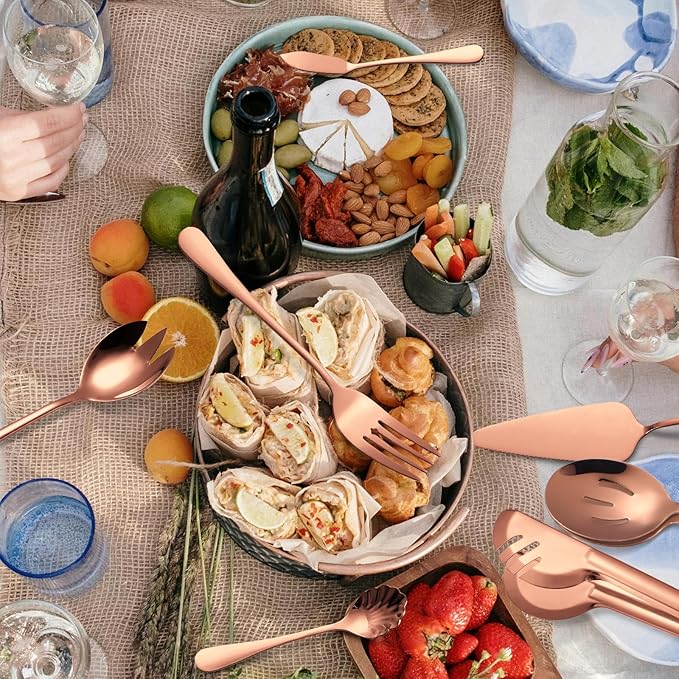 Rose Gold Serving Utensils Set 10 Pieces Copper Stainless Steel Catering Silverware Flatware Buffet Restaurant Banquet Include Fork Big Spoon Hostess Ladle Spatula Food Tong Cheese knife