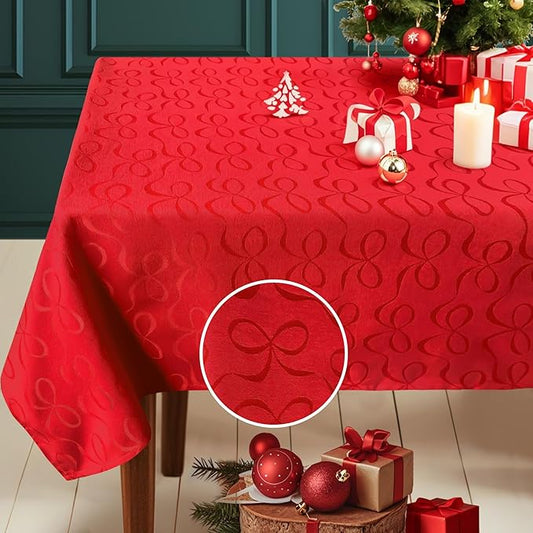 Red Christmas Tablecloth 60 x 84 inch (6-8 Seat), Table Cloths for 6 Foot Rectangle Tables, Cotton-Polyester Blend, Table Cover for Christmas & Wedding, Red with Bowties Jacquard (1 Pack)