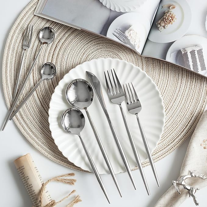 Homelux Theory 18/10 Stainless Steel Silverware Set, 4 Cutlery Set of 5pc Heavy Duty Spoons & Forks Set, Stainless Steel Kitchen Utensils, Adaline Royal Modern Utensils & Contemporary Flatware Set